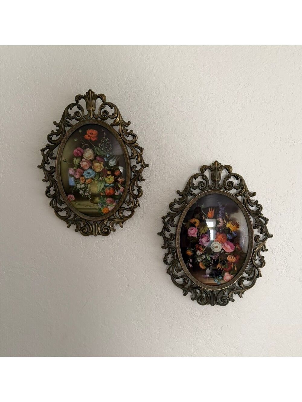 Vintage Italian Convex Bubble Glass Floral Prints Ornate Gold Frames Pair